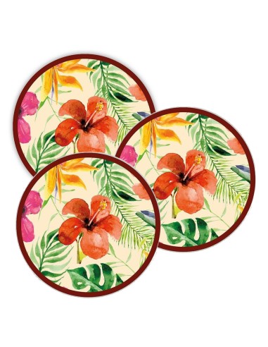 LUPIA - SET 3 SOTTOTUTTO ROTONDO IN LEGNO DECORATO TROPICAL BEIGE 10CM